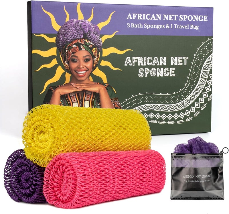 Bathway African Net Sponge Authentic 3 Pieces with Storage Bag, African Exfoliating Net Sponge Washcloth, Exfoliating Body Scrubber Bath Sponge Bathing Accessories (Rose, Purple, Bright Yellow) - Image 1